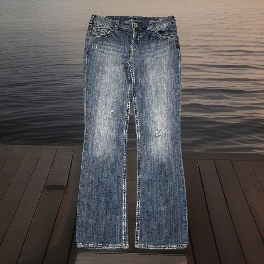 Silver Jeans Suki 17” Bootcut 31 (31x31.5) Blue Distressed Low Mid Stretch Women